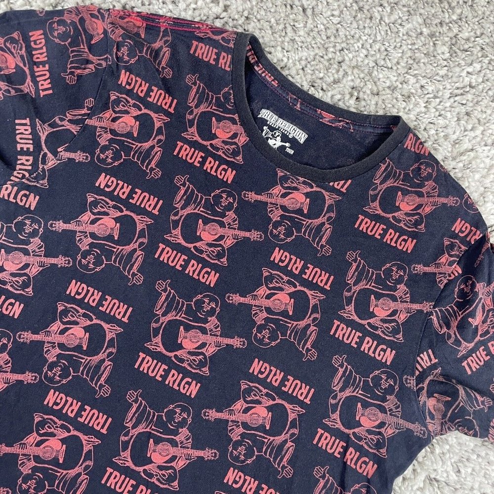 True Religion T-Shirt Men's Size Small Black Buddha Guitar AOP Soft Faded